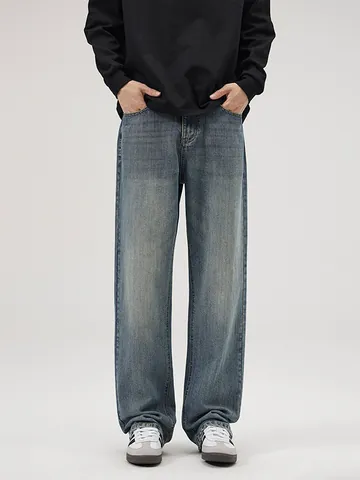 Ανδρικά Ρετρό Τζιν Slub Denim Loose Straight Leg Παντελόνι Vintage Washed Blue Casual Βαμβακερό Denim Παντελόνια για Άνδρες
