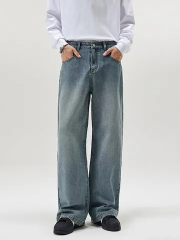 Herren American Retro Gewaschene Baumwolle Denim Jeans Locker Gerade Weites Bein Hose Casual Streetwear Cleanfit Baggy Hose