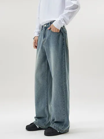Herren American Retro Gewaschene Baumwolle Denim Jeans Locker Gerade Weites Bein Hose Casual Streetwear Cleanfit Baggy Hose