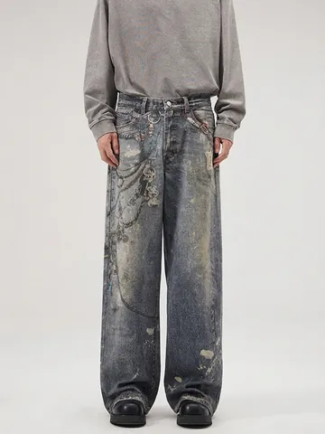 Men's American Vintage Washed Denim Jeans Streetwear Wide Leg Straight Pants With Chain Print Distressed Splatter Design