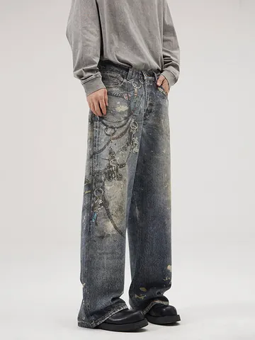 Men's American Vintage Washed Denim Jeans Streetwear Wide Leg Straight Pants With Chain Print Distressed Splatter Design