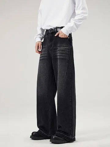 Ανδρικό High Street Τζιν Παντελόνι Χαλαρό Ίσιο Vintage Πλυμένο με Ξέφτια στο Στρίφωμα Μπλε Μαύρο Φαρδιά Γραμμή