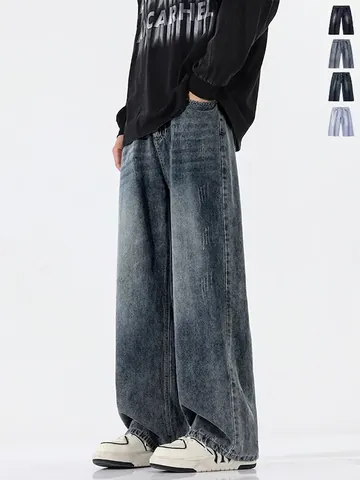 Herren Vintage Washed Straight Wide Leg Jeans American Streetwear Lockere Denim-Hose Lässige Distressed Hose Für Männer