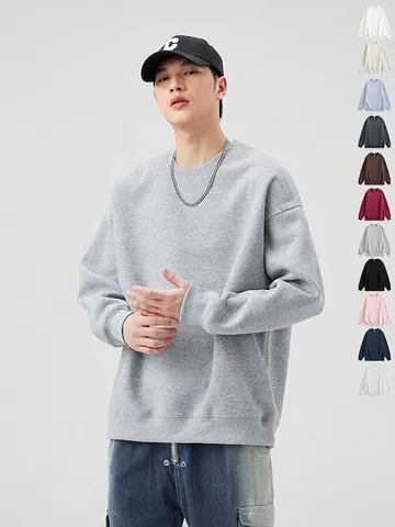 Men's Heavyweight Crewneck Sweatshirt Cotton Blend Loose Fit Drop Shoulder Solid Color Casual Streetwear Top
