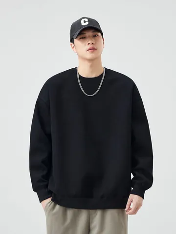 Men's Heavyweight Crewneck Sweatshirt Cotton Blend Loose Fit Drop Shoulder Solid Color Casual Streetwear Top