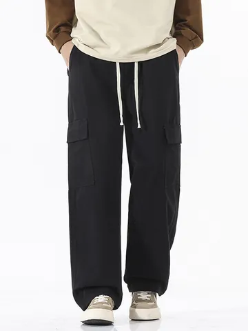 Men Vintage Japanese Style Multi-Pocket Cargo Pants Loose Straight Wide Leg Casual Cotton Trousers Drawstring Waist Streetwear