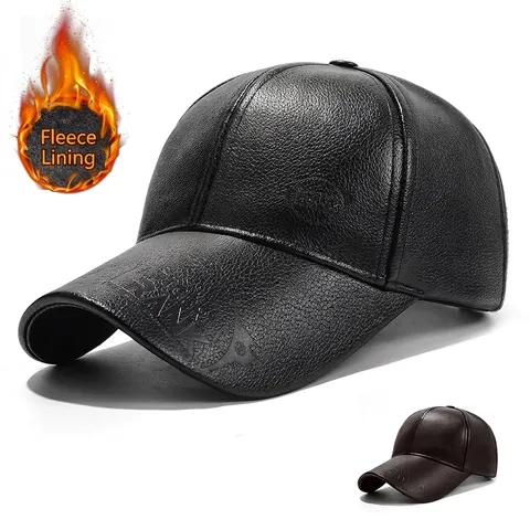 Berretto da Baseball in Pelle PU Invernale Caldo Per Uomo Donna Foderato in Pile Motivo Litchi Lettera Goffrata Cappello Regolabile All'aperto