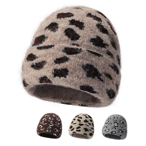 Berretto in Maglia di Cashmere di Pecora Leopardato da Donna Invernale Caldo Peluche Spesso con Risvolto Accessorio Moda