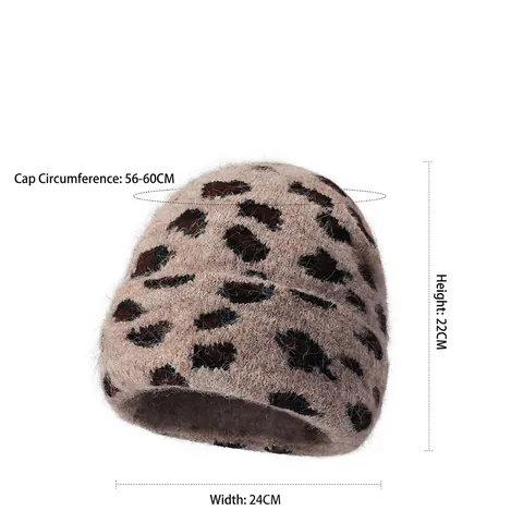 Berretto in Maglia di Cashmere di Pecora Leopardato da Donna Invernale Caldo Peluche Spesso con Risvolto Accessorio Moda