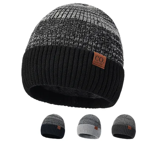 Gorro de Punto Cálido Invierno Unisex Forro de Felpa Grueso Bloques de Color Cortavientos Exterior Parche de Cuero