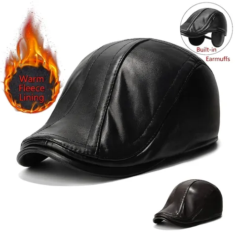 Herren Winter PU Leder Schirmmütze Mit Ohrenschützern Warmes Fleece Futter Verstellbare Flat Cap Outdoor Hut Für Ältere Männer