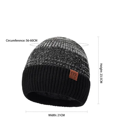 Gorro de Punto Cálido Invierno Unisex Forro de Felpa Grueso Bloques de Color Cortavientos Exterior Parche de Cuero