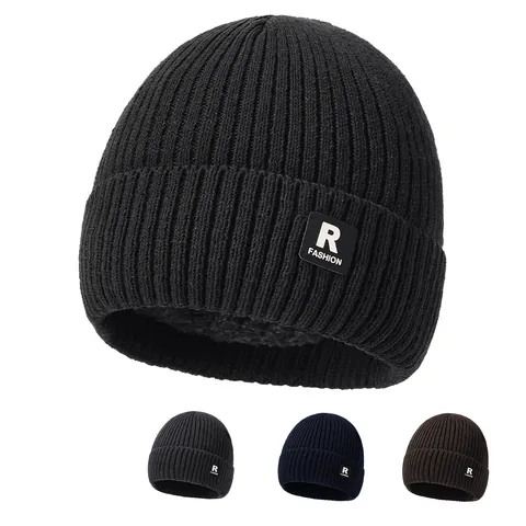 Winter Warm Knitted Beanie Hat For Men Women Polyester Fleece Lined Outdoor Windproof Fashion Letter Patch Cuff Skull Cap