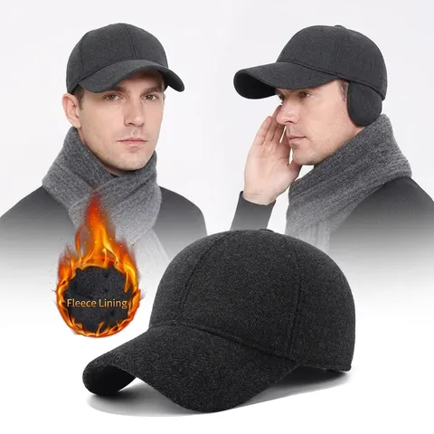 Herren Baseballkappe aus Wolle mit Ohrenklappen Winter Warmes Fleecefutter Verstellbarer Outdoor Dad Hat für Senioren