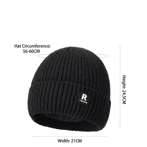 Winter Warm Knitted Beanie Hat For Men Women Polyester Fleece Lined Outdoor Windproof Fashion Letter Patch Cuff Skull Cap