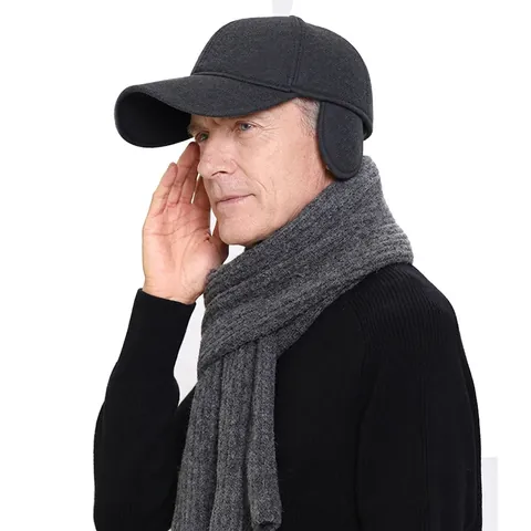 Herren Baseballkappe aus Wolle mit Ohrenklappen Winter Warmes Fleecefutter Verstellbarer Outdoor Dad Hat für Senioren