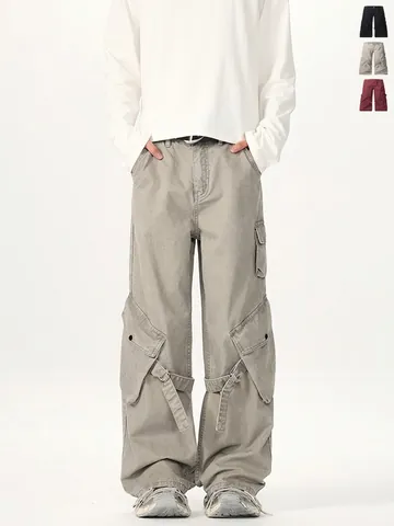 Pantaloni Cargo Uomo American Retro Multitasche Larghi a Gamba Dritta Con Cinghie Regolabili Cotone Casual Streetwear