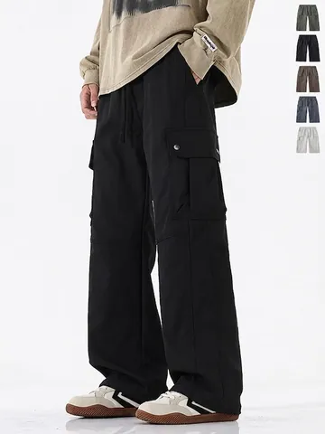 Men's Waterproof Cargo Pants Outdoor Techwear Style Loose Straight Work Trousers Multi Pocket Drawstring Polyester Pants