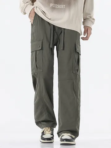 Men's Waterproof Cargo Pants Outdoor Techwear Style Loose Straight Work Trousers Multi Pocket Drawstring Polyester Pants