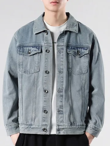 Men's Vintage Washed Denim Jacket Streetwear Loose Fit Single Breasted Light Blue Cotton Blend Casual Outerwear For Men