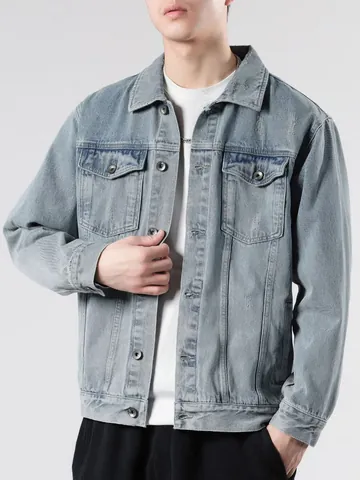 Men's Vintage Washed Denim Jacket Streetwear Loose Fit Single Breasted Light Blue Cotton Blend Casual Outerwear For Men