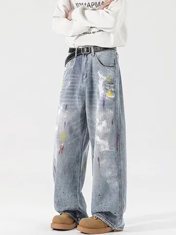 Heren American Vintage Street Graffiti Denim Jeans Gewassen Katoen Verfspatten Wide Leg Distressed Rechte Broek