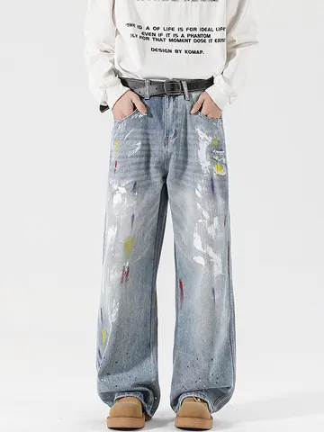 Heren American Vintage Street Graffiti Denim Jeans Gewassen Katoen Verfspatten Wide Leg Distressed Rechte Broek