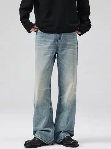 Vaqueros de Mezclilla Lavados Vintage para Hombre Micro Acampanado High Street Style Whiskered Distressed Algodón Pantalón Recto Azul