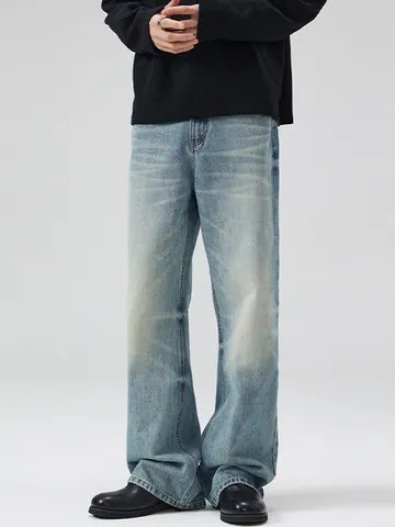 Vaqueros de Mezclilla Lavados Vintage para Hombre Micro Acampanado High Street Style Whiskered Distressed Algodón Pantalón Recto Azul