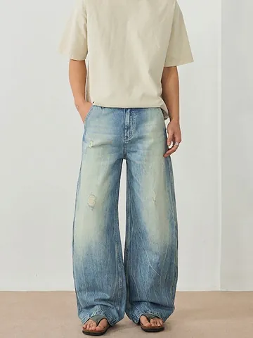 Pantaloni Jeans da Uomo Pesanti Lavati Effetto Invecchiato Gamba Larga Retro Streetwear Baggy Strappati Denim Blu Chiaro Vestibilità Comoda