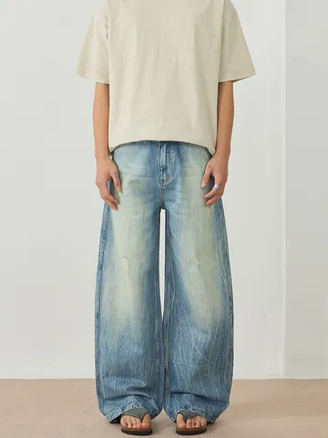Pantaloni Jeans da Uomo Pesanti Lavati Effetto Invecchiato Gamba Larga Retro Streetwear Baggy Strappati Denim Blu Chiaro Vestibilità Comoda