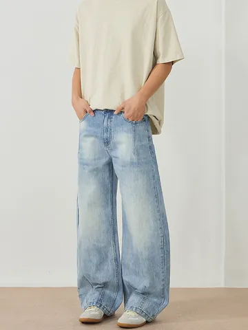 Herren Retro Jeans In Hellblau Gewaschen Weites Bein Lockere Passform Denim Streetwear Hose Lässige Gerade Denim Jeans Für Herren