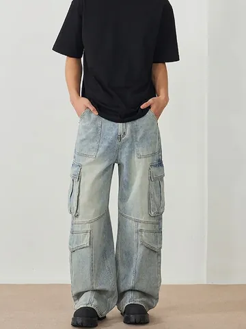Vaqueros Cargo para Hombre High Street Patchwork Multibolsillos Pierna Recta Pantalones de Mezclilla Lavados Casual Streetwear Moda Pantalones