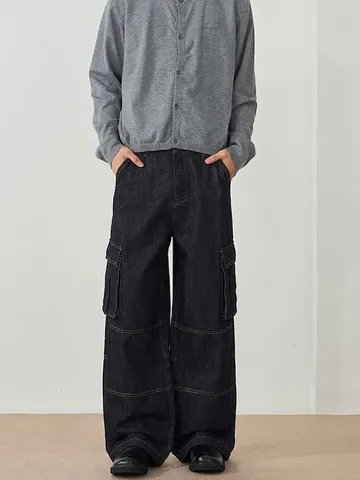 Pantalon Jeans Cargo pour Hommes Rétro Américain Coupe Droite Large Lavé Multi-poches Décontracté pour Jeunes Bleu Denim Pantalon de Travail Long