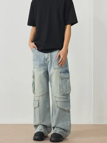 Vaqueros Cargo para Hombre High Street Patchwork Multibolsillos Pierna Recta Pantalones de Mezclilla Lavados Casual Streetwear Moda Pantalones