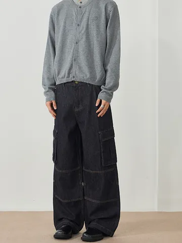 Pantalon Jeans Cargo pour Hommes Rétro Américain Coupe Droite Large Lavé Multi-poches Décontracté pour Jeunes Bleu Denim Pantalon de Travail Long