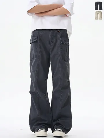 Pantalon Cargo Vintage Américain Délavé Gris Homme Femme Jambe Large Streetwear Coton Pantalon Décontracté Avec Poches