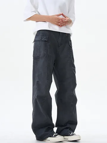 Pantalon Cargo Vintage Américain Délavé Gris Homme Femme Jambe Large Streetwear Coton Pantalon Décontracté Avec Poches