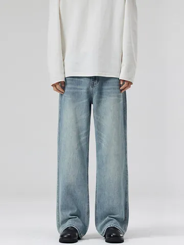 Herren Casual Lockere Jeans Mit Geradem Bein Hellblau Gewaschene Baumwoll-Denim Lange Hosen Für Den Alltag Vintage-Stil