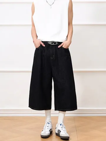 Herren Amerikanische Retro Gewaschen Rohschwarz Denim Weites Bein 7/8 Hose Streetwear Lockere Passform Gerade Baumwolle Denim Jeans