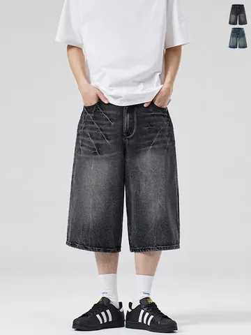 Men High Street Vintage Washed Denim Shorts Lightning Pattern Loose Fit Cotton Jorts Retro Casual Summer Bottoms