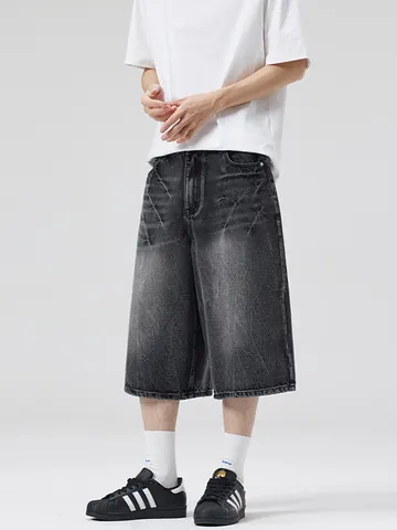 Men High Street Vintage Washed Denim Shorts Lightning Pattern Loose Fit Cotton Jorts Retro Casual Summer Bottoms