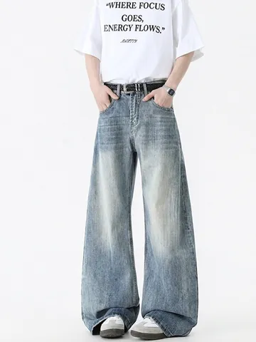 Pantaloni Jeans Uomo Vintage Americano Tessitura Bambù Gamba Larga Retro Lavato Denim Streetwear Pantaloni Vestibilità Comoda