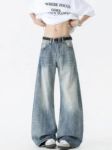 Pantaloni Jeans Uomo Vintage Americano Tessitura Bambù Gamba Larga Retro Lavato Denim Streetwear Pantaloni Vestibilità Comoda