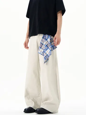 Herren Weite Hose Streetwear Gewaschen Paris Grau Geschwungener Schnitt Mit Abnehmbarem Karomuster Halstuch Baumwollhose