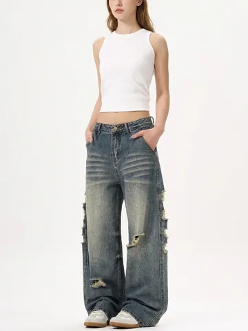 Men's Vintage Distressed Ripped Wide Leg Jeans Baggy Washed Denim Pants Streetwear Hip Hop Retro Loose Fit Trousers