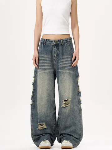Men's Vintage Distressed Ripped Wide Leg Jeans Baggy Washed Denim Pants Streetwear Hip Hop Retro Loose Fit Trousers
