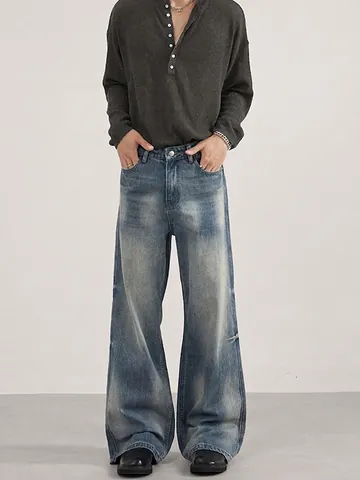 Vaqueros Micro Acampanados de Color Azul Lavado Vintage para Hombre Estilo Callejero Desgastado Corte Holgado Pierna Recta Pantalones de Mezclilla de Algodón