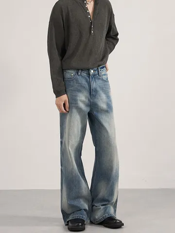 Vaqueros Micro Acampanados de Color Azul Lavado Vintage para Hombre Estilo Callejero Desgastado Corte Holgado Pierna Recta Pantalones de Mezclilla de Algodón