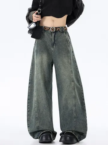 Jeans Baggy Vintage Americano Lavati Uomo Streetwear Taglio Curvo Pantaloni in Denim a Gamba Larga Retrò Blu Grigio